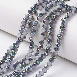 Light Steel Blue Electroplate Glass Beads Strands, Imitation Jade Beads, Half Multi-color Plated, Faceted, Rondelle, Light Steel Blue, 10x8mm, Hole: 1mm, about 63~65pcs/strand, 19.2~20 inch(48~50cm)