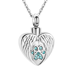 Blue Stainless Steel Pendant Necklaces, Urn Ashes Necklace, Heart with Wing, Blue, 0.98x0.71 inch(2.5x1.8cm)