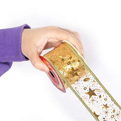 Золотистый 10 Ленты из органзы с рождественским принтом, аксессуары для одежды, горячее тиснение музыкальной ноты и звезды, золотые, 2 дюйм (50 мм), около 10.94 ярдов (10 м) / рулон