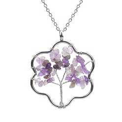 Amethyst Natural Amethyst Chips Beaded Flower with Tree Pendant Necklaces, with Platinum Brass Chains, 20.87 inch(53cm)