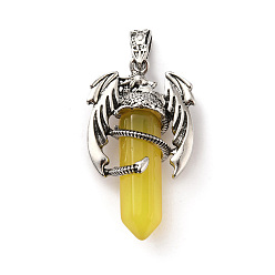Yellow Agate Natural Yellow Agate Pointed Pendants, Faceted Bullet Charms, with Rack Plating Platinum Tone Alloy Dragon Findings, Cadmium Free & Lead Free, Dyed & Heated, 39~41x24~25x13~14mm, Hole: 4x8mm
