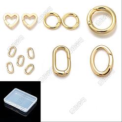 Real 18K Gold Plated 6Pcs 6 Styles Brass Spring Gate Rings, Cadmium Free & Lead Free, Long-Lasting Plated, Ring & Heart & Oval, Real 18K Gold Plated, 14~18x10~16x2~3mm, 1pc/style