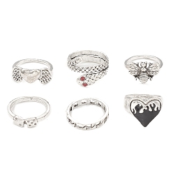 Antique Silver 6Pcs 6 Style Tibetan Style Alloy Stackable Rings Set, Rhinestone Snake & Heart & Wing & Moth Finger Ring with Enamel for Women, Antique Silver, Inner Diameter: 16.2~17.5mm, 1Pc/style