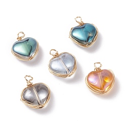 Mixed Color Electroplated Glass Pendants, with Copper Findings, Heart, Golden, Mixed Color, 14x12x5.5mm, Hole: 2.5mm