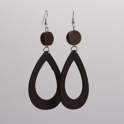 Coconut Brown Trendy Teardrop Wood Dangle Earrings, with Platinum Plated Iron Earring Hooks, Coconut Brown, 105x45mm, Pin: 0.8mm