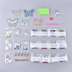 Mixed Color DIY Diamond Painting Stickers Kits For Key Chain Making, with Diamond Painting Stickers, Resin Rhinestones, Diamond Sticky Pen, Lobster Clasps, Chain, Tray Plate and Glue Clay, Butterfly, Mixed Color, 61x80x2mm