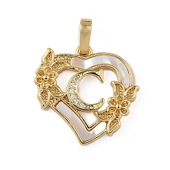 Letter C Латунь микропаве фианиты с подвесками-ракушками, Сердце и письмо, долговечный, без свинца и без кадмия, стойки покрытие, буква С, 20x20.5x3 мм, отверстие : 3.5x5 мм