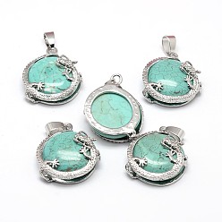 Synthetic Turquoise Flat Round with Dragon Platinum Tone Brass Synthetic Turquoise Pendants, Cadmium Free & Lead Free, 26.5x24x9mm, Hole: 7x4mm