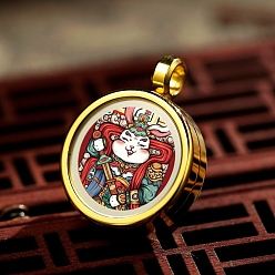 Rabbit Titanium Steel Locket Pendants, Flat Round with Chinese Zodiac, Golden, Rabbit, 20mm, Inner Diameter: 15mm
