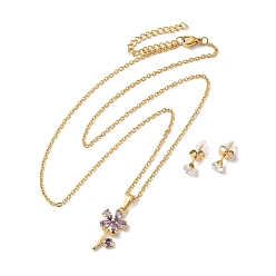 Medium Purple Cubic Zirconia Flower of Life Pendant Necklace & Diamond Stud Earrings, Golden 304 Stainless Steel Jewelry Set for Women, Medium Purple, 501mm, 13x5.5mm, Pin: 0.7mm
