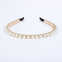 White Alloy Curb Chain Hair Bands, with Plastic Imitation Pearl, Hair Accessories for Women Girls, White, 120x140mm