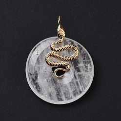 Quartz Crystal Natural Quartz Crystal Pendants, with Ion Plating(IP) Golden Tone 304 Stainless Steel Findings, Donut with Snake Charm, 38x30x10.5mm, Hole: 3mm