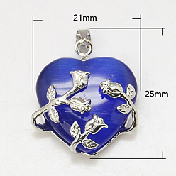 Blue Cat Eye Pendants, with Brass Findings, Heart, Platinum Color, Blue, 23x21x9mm, Hole: 5x4mm