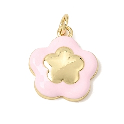 Pearl Pink Brass Enamel Pendants, Flower Charms, Rack Plating, Long-Lasting Plated, Real 18K Gold Plated, Lead Free & Cadmium Free, Pearl Pink, 18x16x4mm, Hole: 3.5mm