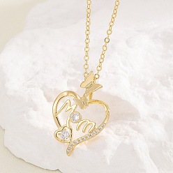 Clear Heart with Word Mom Brass with Zirconia Pendant Necklace for Mother's Day, Clear, 17.72~19.69 inch(45~50cm)