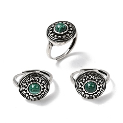 Малахит Натуральные малахитовые пальцевые кольца, круглые, с латунной фурнитурой , античное серебро, 16.5 мм, внутренний диаметр: 18 мм