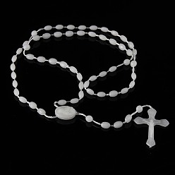 Gainsboro Luminous Plastic Rosary Bead Necklace, Glow in the Dark Cross Pendant Necklace for Women, Gainsboro, 21.65 inch(55cm)