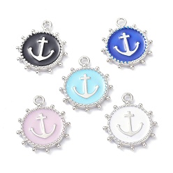 Mixed Color Eco-Friendly Stainless Steel Enamel Pendants, Platinum, Long-Lasting Plated, Flat Round with Anchor, Mixed Color, 20x16.5x2.2mm, Hole: 1.9mm