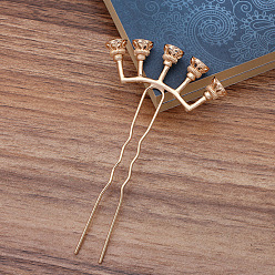 Light Gold Iron Hair Fork Findings, with Alloy Bead Cap, Flower, Long-Lasting Plated, Light Gold, 55x17.5mm