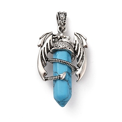 Synthetic Turquoise Synthetic Turquoise Pointed Pendants, Faceted Bullet Charms, with Rack Plating Platinum Tone Alloy Dragon Findings, Cadmium Free & Lead Free, 39~41x24~25x13~14mm, Hole: 4x8mm