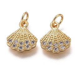 Golden Brass Micro Pave Clear Cubic Zirconia Charms, Long-Lasting Plated, with Jump Ring, Shell Shape, Golden, 12x10x2mm, Jump Ring: 5x1mm, 3mm Inner Diameter