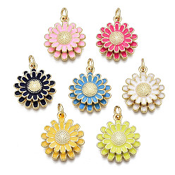 Mixed Color Brass Enamel Pendants, Nickel Free, Real 16K Gold Plated, with Jump Rings, Chrysanthemum, Mixed Color, 18.5x16x4mm, Jump Ring: 5x1mm, Inner Diameter: 3mm