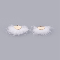White Faux Mink Fur Semi Circle Pendants, with Golden Tone Iron Findings, Half Round, White, 30x44x5mm, Hole: 1.2x2.5mm