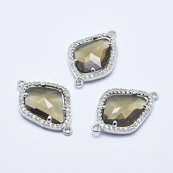 Olive Brass Micro Pave Cubic Zirconia Links, with Glass, Faceted, teardrop, Platinum, Olive, 27x18x4.5mm, Hole: 1.4mm