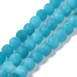 Deep Sky Blue Natural Dyed Jade Beads Strands, Frosted, Round, Deep Sky Blue, 8~8.5mm, Hole: 1mm, about 47~48pcs/strand, 14.69''~14.96''(37.3~38cm)