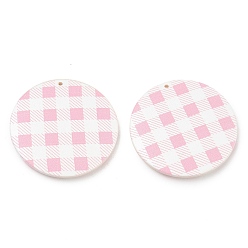 Pink Schima Wood Double-faced Printed Pendants, Flat Round with Tartan Pattern Charms, Pink, 39.5~40x5~5.5mm, Hole: 1.6mm