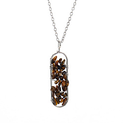 Tiger Eye Natural Tiger Eye Chips Beaded Oval Pendant Necklaces, with Cable Chains, 20.87 inch(53cm)