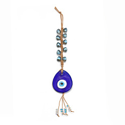 Teardrop Evil Eye Glass Pendant Decorations, Tassel Hemp Rope Hanging Ornament, Royal Blue, Teardrop Pattern, 255mm
