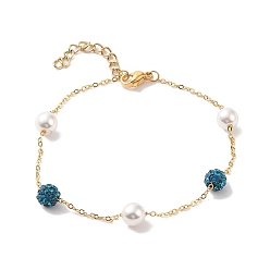 Steel Blue 6mm Round Polymer Clay Rhinestone & Imitation Pearl Link Bracelets, 304 Stainless Steel Cable Chain Bracelets for Women, Real 24K Gold Plated, Steel Blue, 7-1/8 inch(18cm), Bead: 6mm