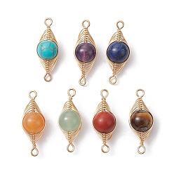 Light Gold 7Pcs 7 Styles Natural & Synthetic Mixed Gemstone Copper Wire Wrapped Connector Charms, Chakra Horse Eye Links, Dyed and Undyed, Light Gold, 26x9.5x8.5mm, Hole: 1.5mm, 1pc/style