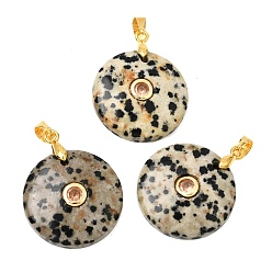 Dalmatian Jasper Natural Dalmatian Jasper Pendants, Coin Charms with Brass Pave Cubic Zirconia Findings, Golden, 27x21x5mm, Hole: 4x3.5mm
