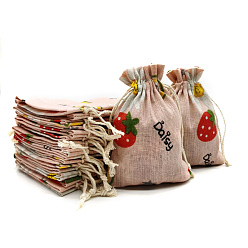Strawberry Linenette Drawstring Bags, Rectangle, Strawberry Pattern, 18x13cm