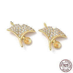 Real 18K Gold Plated 925 Sterling Silver Charms, with Cubic Zirconia, Gingko Leaf Charm, with S925 Stamp, Real 18K Gold Plated, 14x13x2mm, Hole: 1.2mm, Pin: 0.6mm