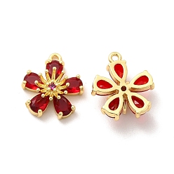 Темно-Красный Настоящие 18 k позолоченные латунные подвески с микропаве и кубическим цирконием, со стеклом, долговечный, без кадмия и без свинца, цветочный шарм, темно-красный, 17x15x6.5 мм, отверстие : 1.5 мм