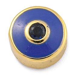 Полуночно-синий Стойки обшивки латунь микро проложить кубического циркония бусы, с эмалью, без кадмия и без свинца, долговечный, реальный 18 k позолоченный, плоские круглые с сглаза, темно-синий, 7.5x6 мм, отверстие : 1.8 мм