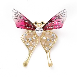 Deep Pink Resin Butterfly Lapel Pin with Clear Cubic Zirconia, Real 18K Gold Plated Brass Badge with Loop for Jewelry Pendant, Cadmium Free & Lead Free, Deep Pink, 49x47x5mm