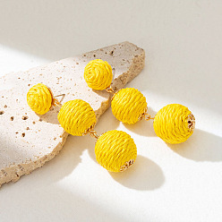 Yellow Rattan Round Bead Stud Earrings, with Metal Pins, Bohemia Style Long Drop Earrings for Women, Yellow, 60x19mm