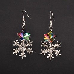 Colorful Christmas Alloy Snowflake Dangle Earrings, with Star Electroplated Glass Beads and Brass Earring Hooks, Colorful, 50mm, Pin: 0.7mm