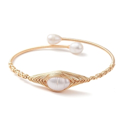 Rice Natural Pearl Beaded Cuff Bangles, Golden Copper Wire Wrapped Bangle, Rice, Inner Diameter: 2-1/8 inch(5.5cm)