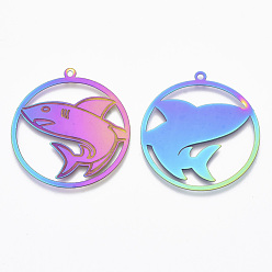 Rainbow Color Ion Plating(IP) 304 Stainless Steel Filigree Pendants, Etched Metal Embellishments, Ring with Shark, Rainbow Color, 44x40.5x0.4mm, Hole: 2mm