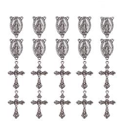 Antique Silver Tibetan Style Oval with Virgin Holy Rosary Center Pieces Chandelier Links and Crucifix Cross Pendants, Lead Free & Cadmium Free & Nickel Free, For Easter, Antique Silver, Link:23x14.5x3mm, Hole: 1mm, Pendant: 33.5x20.5x2.5mm, Hole: 2mm, 10sets/box