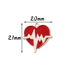 White Valentine's Day Theme, Alloy Enamel Pendants, Golden, Heart with Electrocardiograph, White, 21x20mm