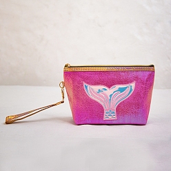 Темно-Розовый Портативная сумка для хранения макияжа из искусственной кожи с лазерным принтом в виде рыбьего хвоста, многофункциональная дорожная сумка для стирки, темно-розовыми, 13x18x7 см
