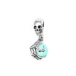 Synthetic Turquoise Halloween Skull Synthetic Turquoise Alloy Pendants, Skeleton Hand Charms with Gems Sphere Ball, Antique Silver, 43x19mm