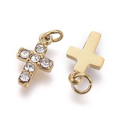 Crystal 316 Surgical Stainless Steel Tiny Cross Charms, with Rhinestone and Jump Rings, Golden, Crystal, 8.5x5x1.5mm, Hole: 1.6mm