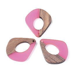 Hot Pink Resin & Walnut Wood Pendants, Two Tone, teardrop, Hot Pink, 32.5x27.5x2.5~4mm, Hole: 1.5mm